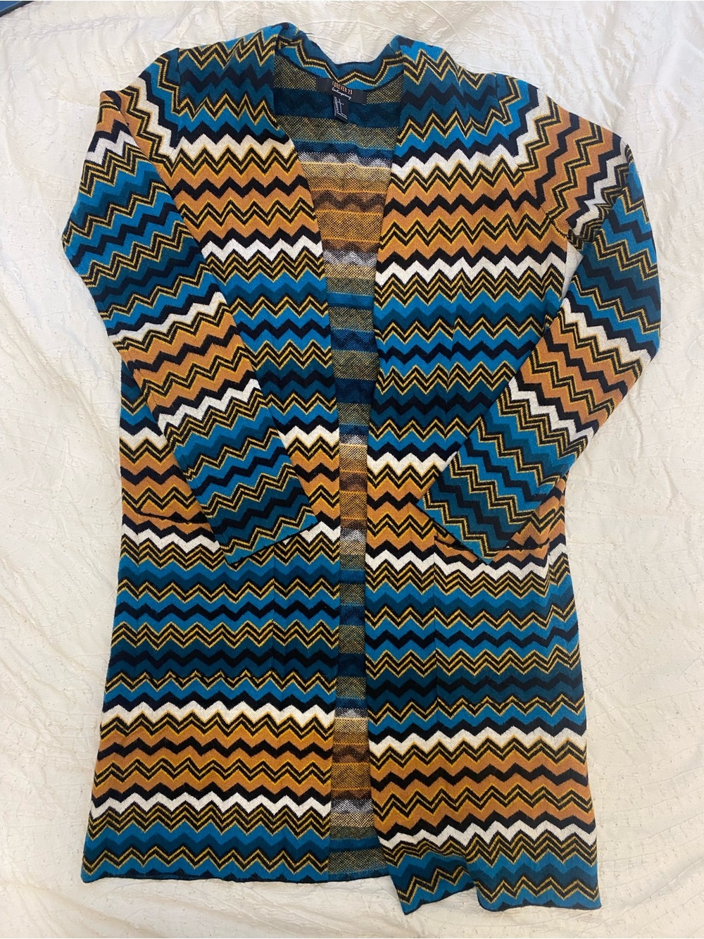 Forever 21 Chevron Open-Front Cardigan - Blue, Brown & Cream
